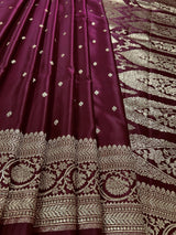 Wine Banarasi Mashru Silk saree in banarasi semi pure mashru silk with gold zari weave on mashru silk — Kaash Collection