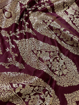 Wine Banarasi Mashru Silk saree in banarasi semi pure mashru silk with gold zari weave on mashru silk — Kaash Collection