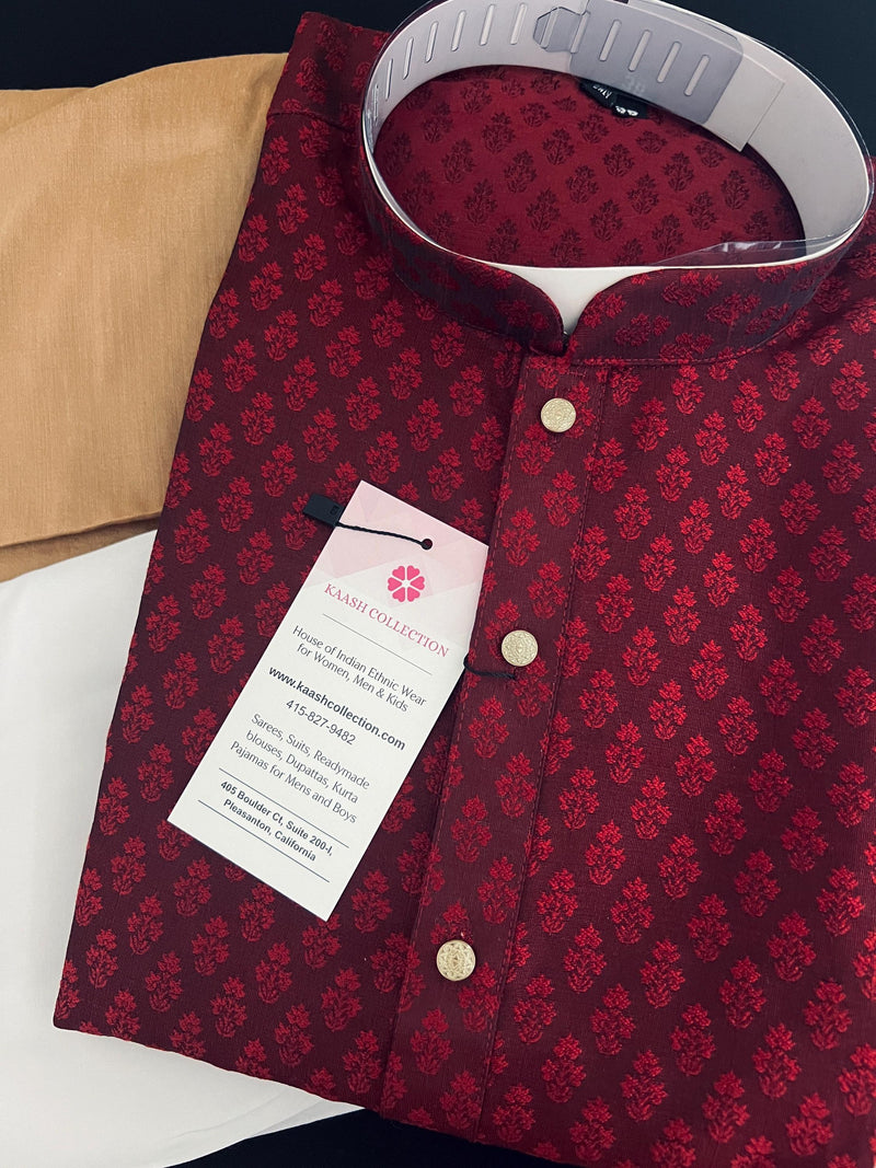 Wine Color Men Kurta Pajama | Self Design embroidery Style | Mens Readymade Kurta for Wedding | Kurta Pajama for Men - Kaash