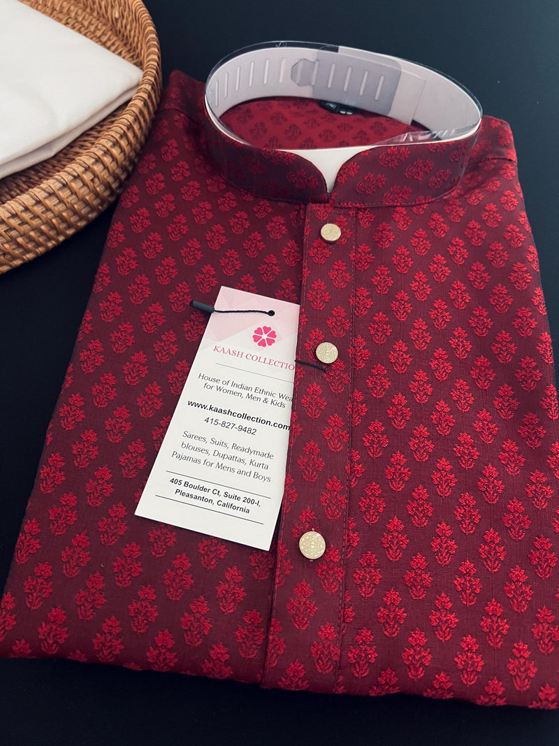 Wine Color Men Kurta Pajama | Self Design embroidery Style | Mens Readymade Kurta for Wedding | Kurta Pajama for Men - Kaash