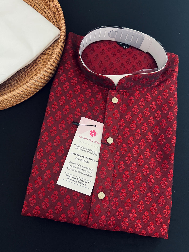Wine Color Men Kurta Pajama | Self Design embroidery Style | Mens Readymade Kurta for Wedding | Kurta Pajama for Men - Kaash