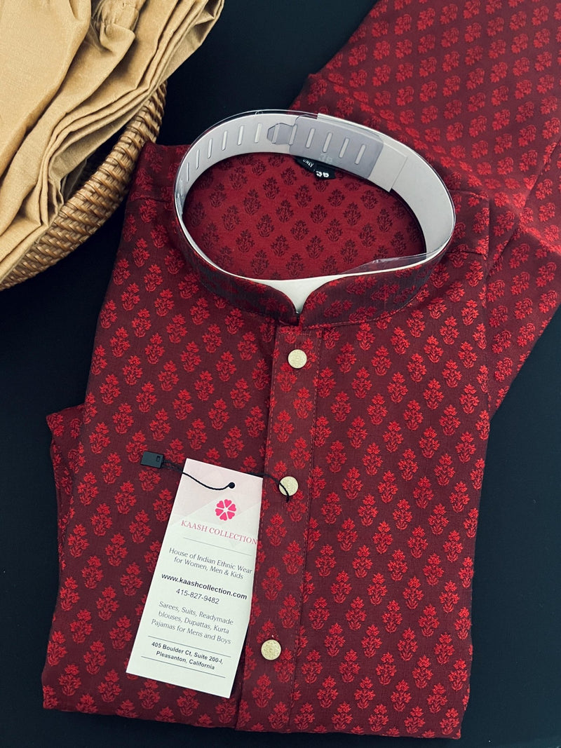 Wine Color Men Kurta Pajama – Self Design embroidery Style - Kaash