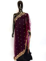 Wine net dupatta with gold zari, sequin & beads — Kaash Collection