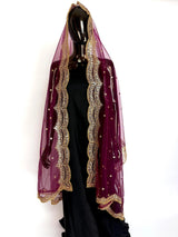 Wine net dupatta with gold zari, sequin & beads — Kaash Collection