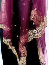 Wine net dupatta with gold zari, sequin & beads — Kaash Collection