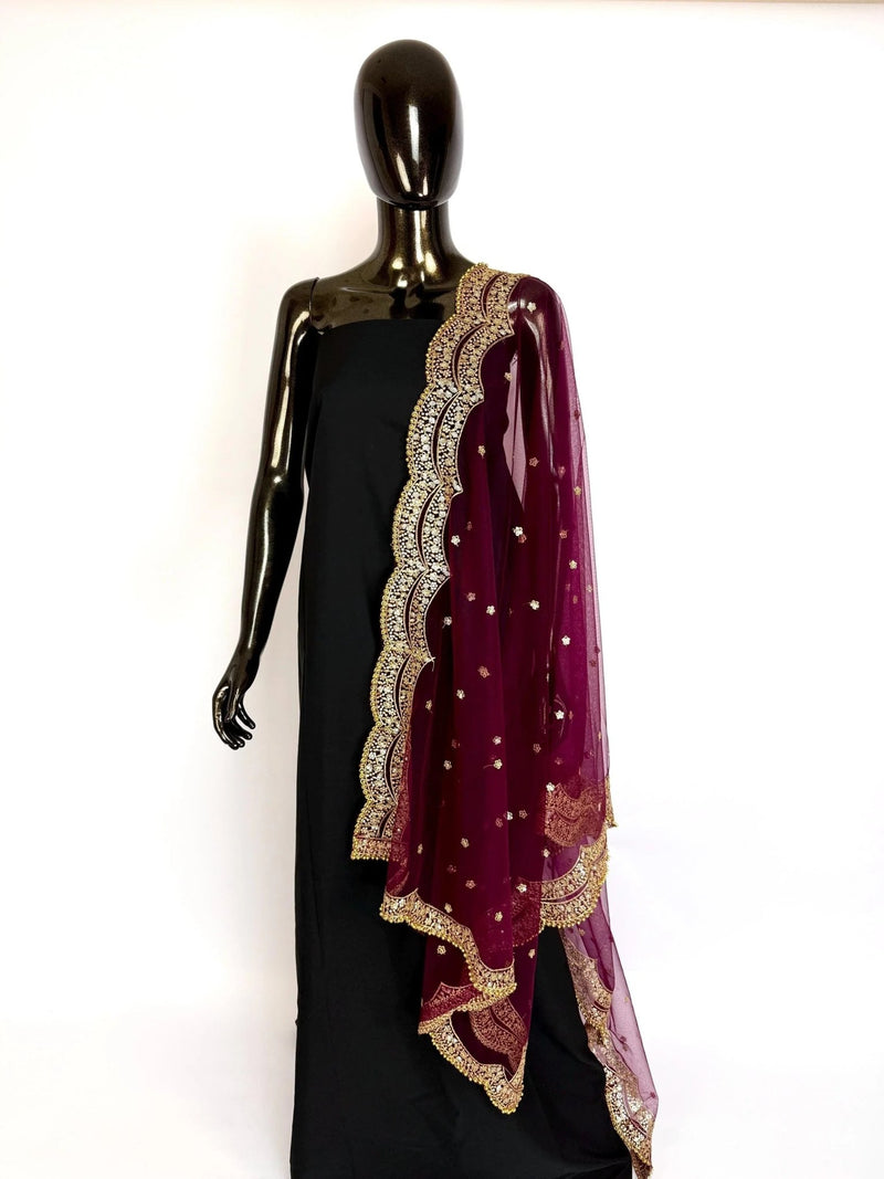Wine net dupatta with gold zari, sequin & beads — Kaash Collection