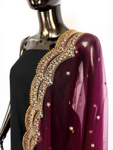 Wine net dupatta with gold zari, sequin & beads — Kaash Collection