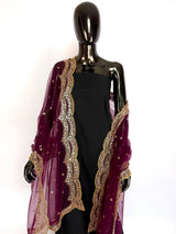 Wine net dupatta with gold zari, sequin & beads — Kaash Collection