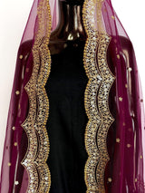 Wine net dupatta with gold zari, sequin & beads — Kaash Collection