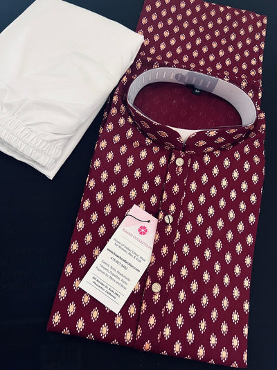 Wine men's kurta pajama in pure cotton with small gold buttis on cotton — Kaash Collection