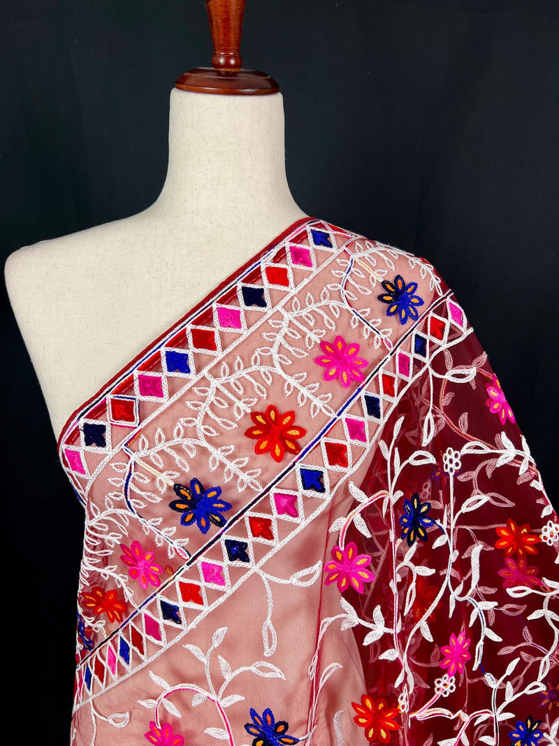 Wine Color Pulkari Net Dupatta - Embroidered Dupatta in Multi Color - Floral Dupatta - Dupatta for Gift - Soft Net Dupatta - Kaash