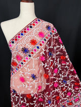 Wine Color Pulkari Net Dupatta - Embroidered Dupatta in Multi Color - Floral Dupatta - Dupatta for Gift - Soft Net Dupatta - Kaash