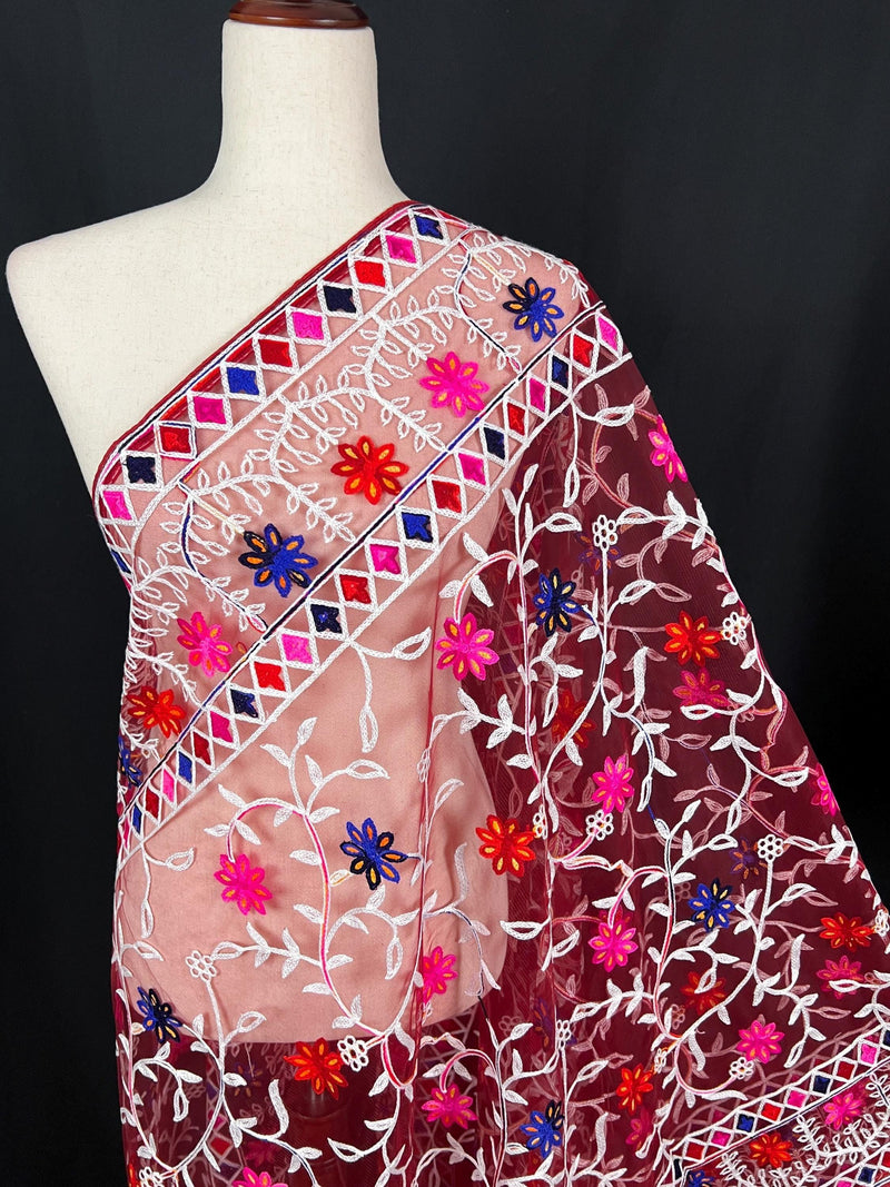 Wine Color Pulkari Net Dupatta - Embroidered Dupatta in Multi Color - Floral Dupatta - Dupatta for Gift - Soft Net Dupatta - Kaash