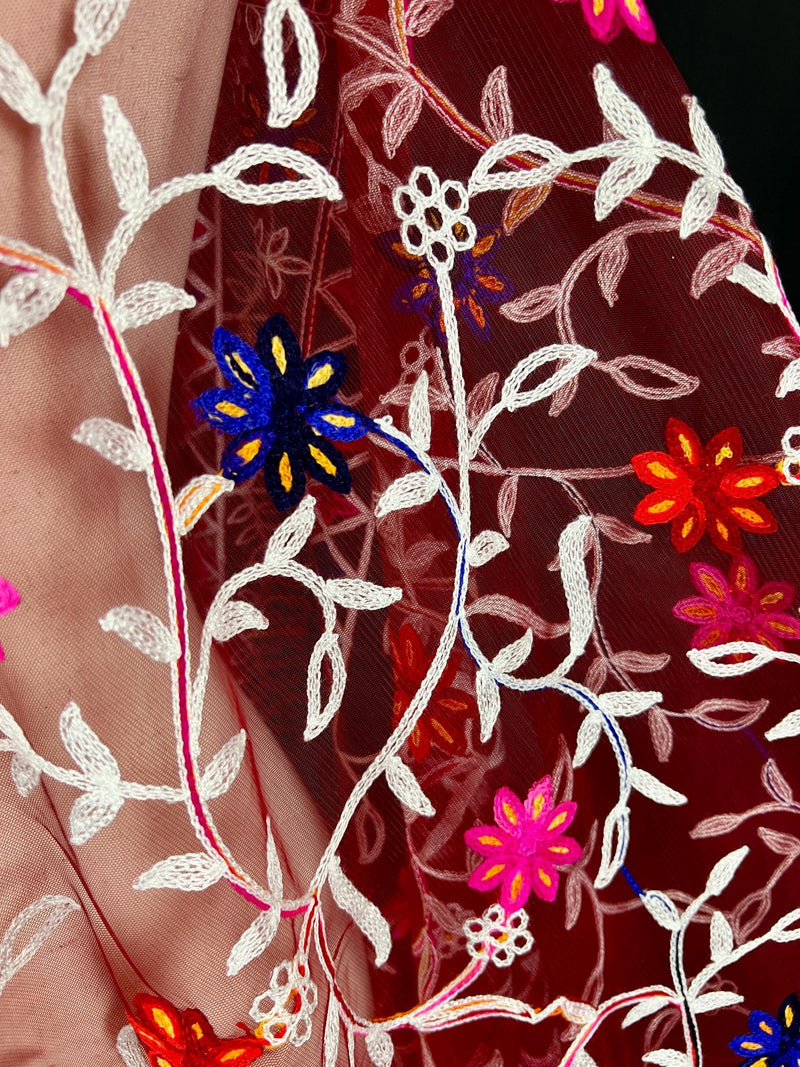 Wine Color Pulkari Net Dupatta - Embroidered Dupatta in Multi Color - Floral Dupatta - Dupatta for Gift - Soft Net Dupatta - Kaash