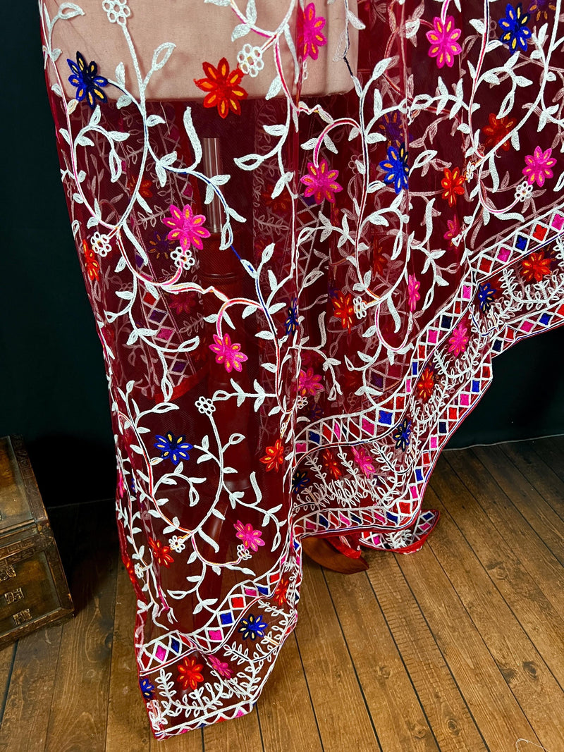 Wine Color Pulkari Net Dupatta - Embroidered Dupatta in Multi Color - Floral Dupatta - Dupatta for Gift - Soft Net Dupatta - Kaash