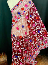 Wine Color Pulkari Net Dupatta - Embroidered Dupatta in Multi Color - Floral Dupatta - Dupatta for Gift - Soft Net Dupatta - Kaash
