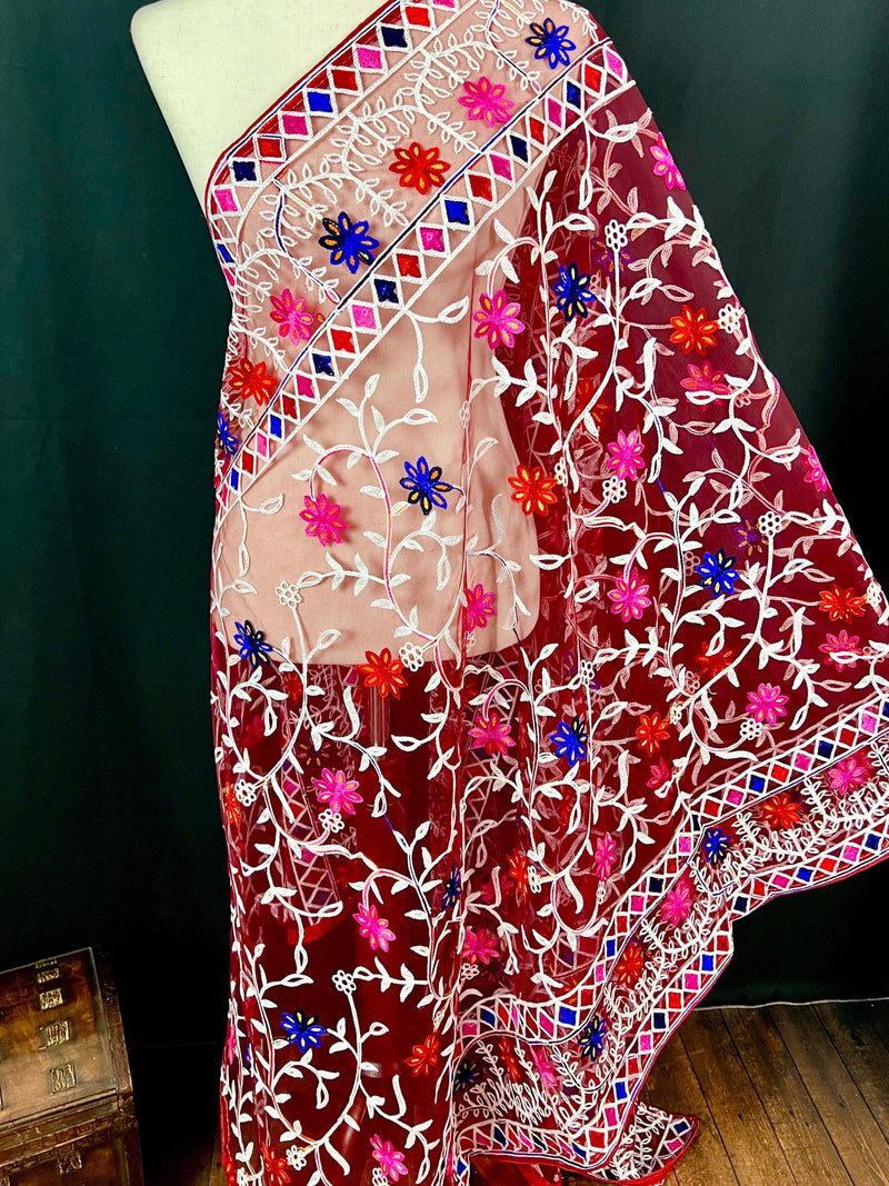 Wine Color Pulkari Net Dupatta - Embroidered Dupatta in Multi Color - Floral Dupatta - Dupatta for Gift - Soft Net Dupatta - Kaash