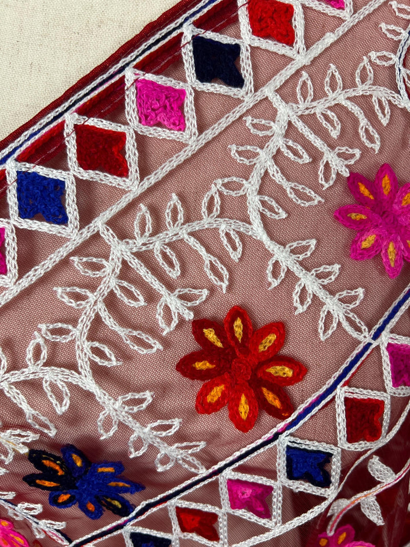 Wine Color Pulkari Net Dupatta - Embroidered Dupatta in Multi Color - Floral Dupatta - Dupatta for Gift - Soft Net Dupatta - Kaash