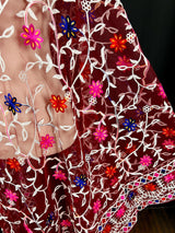 Wine Color Pulkari Net Dupatta - Embroidered Dupatta in Multi Color - Floral Dupatta - Dupatta for Gift - Soft Net Dupatta - Kaash