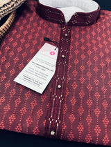 Wine Color Raw Silk Men Kurta Pajama for Men with Self Design material with Handwork Neckline - Kaash
