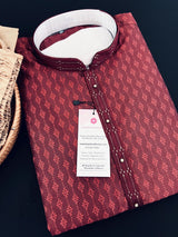 Wine Color Raw Silk Men Kurta Pajama for Men with Self Design material with Handwork Neckline - Kaash