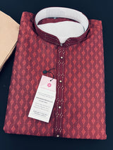Wine Color Raw Silk Men Kurta Pajama for Men with Self Design material with Handwork Neckline - Kaash