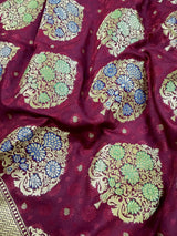 Wine Color Traditional Banarasi Tanchoi Handloom Silk Saree | Tree Pattern Buttas with small zari buttis and Tanchoi Weave | Banarasi Saree - Kaash