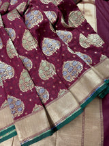 Wine Color Traditional Banarasi Tanchoi Handloom Silk Saree | Tree Pattern Buttas with small zari buttis and Tanchoi Weave | Banarasi Saree - Kaash