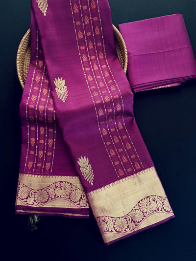 Wine pure kanjivaram kanchipuram silk saree with muted gold zari weave — Kaash Collection