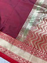 Wine Red Banarasi Soft Silk Saree, Gold Zari Weave Borders - Kaash