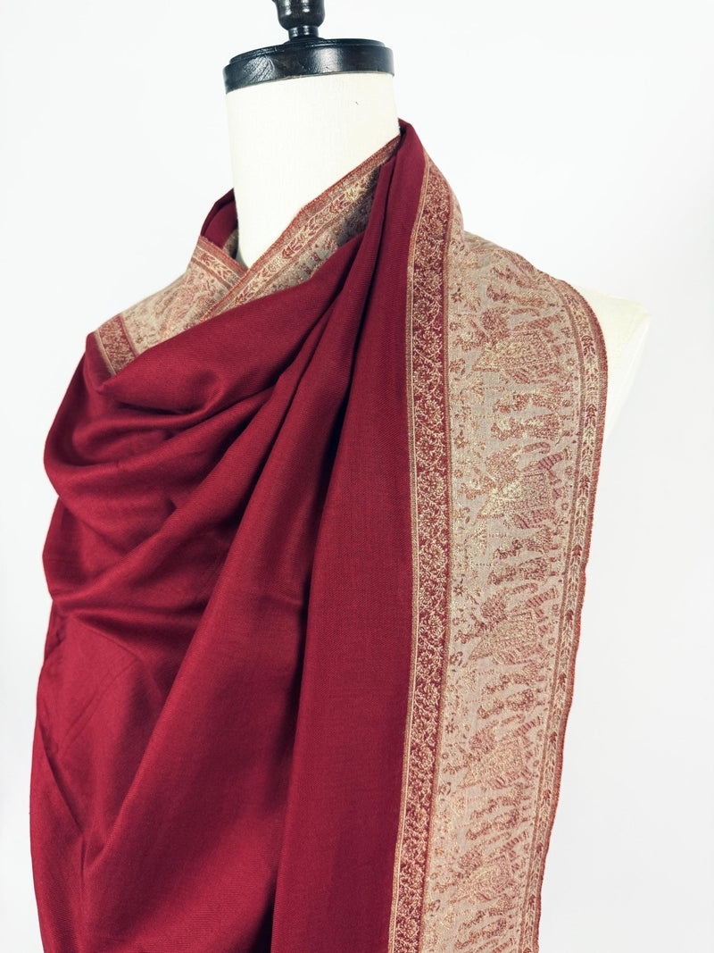 Burgundy wool Kashmiri shawl with gold & copper resham aari thread work — Kaash Collection
