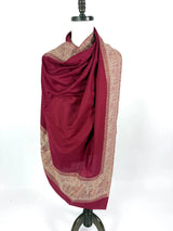 Burgundy wool Kashmiri shawl with gold & copper resham aari thread work — Kaash Collection