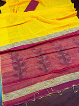 Yellow & Peachy Pink Silk Cotton Sequin saree in silk cotton with tiny sequin & thread work with gicha panels — Kaash Collection