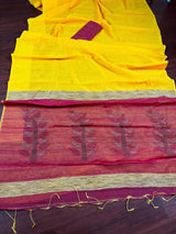 Yellow & Peachy Pink Silk Cotton Sequin saree in silk cotton with tiny sequin & thread work with gicha panels — Kaash Collection
