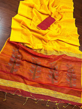 Yellow & Peachy Pink Silk Cotton Sequin saree in silk cotton with tiny sequin & thread work with gicha panels — Kaash Collection