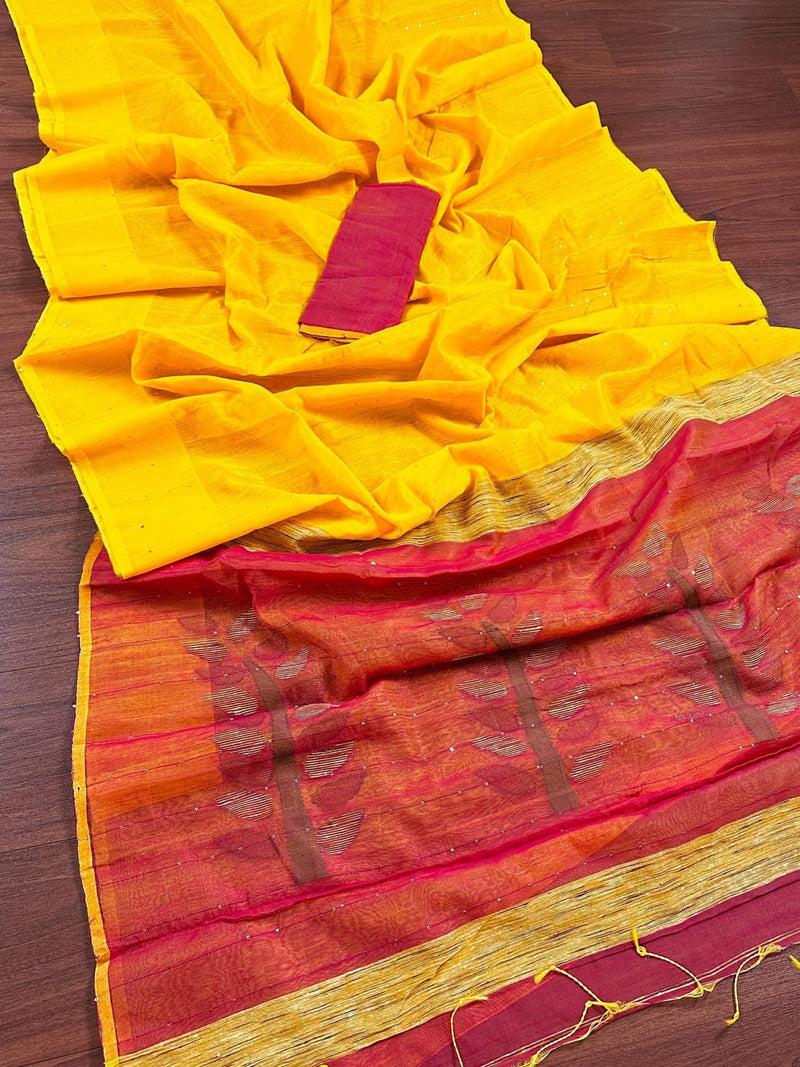 Yellow & Peachy Pink Silk Cotton Sequin saree in silk cotton with tiny sequin & thread work with gicha panels — Kaash Collection