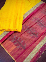 Yellow & Peachy Pink Silk Cotton Sequin saree in silk cotton with tiny sequin & thread work with gicha panels — Kaash Collection