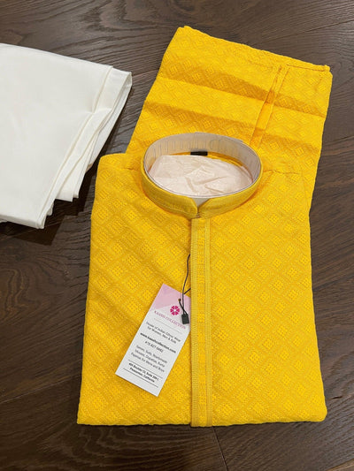 Yellow men's kurta pajama in georgette with lucknowi chikankari embroidery — Kaash Collection