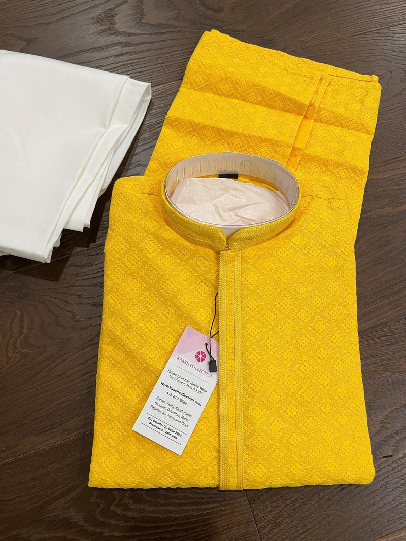 Yellow men's kurta pajama in georgette with lucknowi chikankari embroidery — Kaash Collection