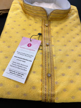 Yellow men's kurta pajama in jute silk with self-embroidered with antique zari — Kaash Collection