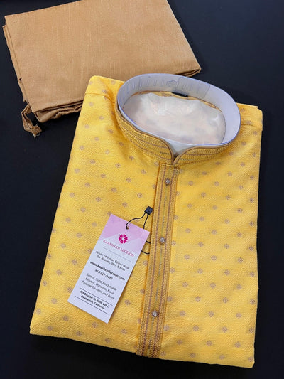 Yellow men's kurta pajama in jute silk with self-embroidered with antique zari — Kaash Collection