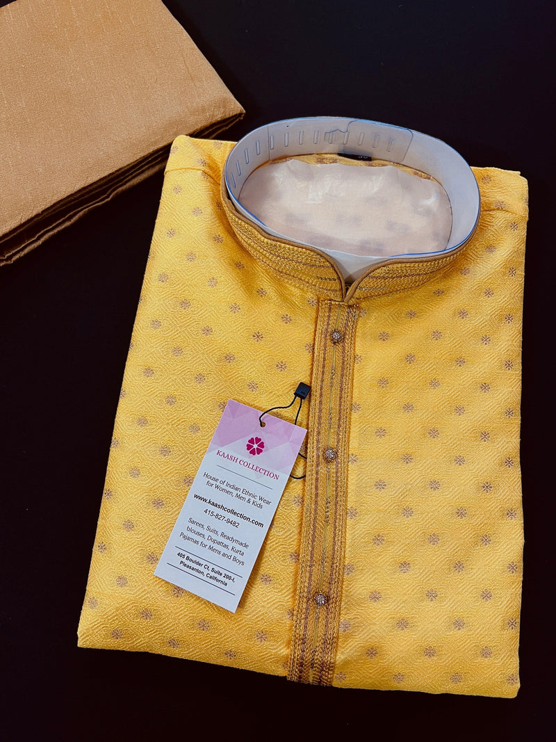 Yellow Color Jute Silk Kurta Pajama Set for Men - Self Embroidery and Zari Work - Mens Kurta for Haldi - Indian Outfit in Yellow Color - Kaash