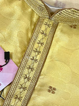 Yellow men's kurta pajama in soft silk with self-design with antique zari buttis — Kaash Collection