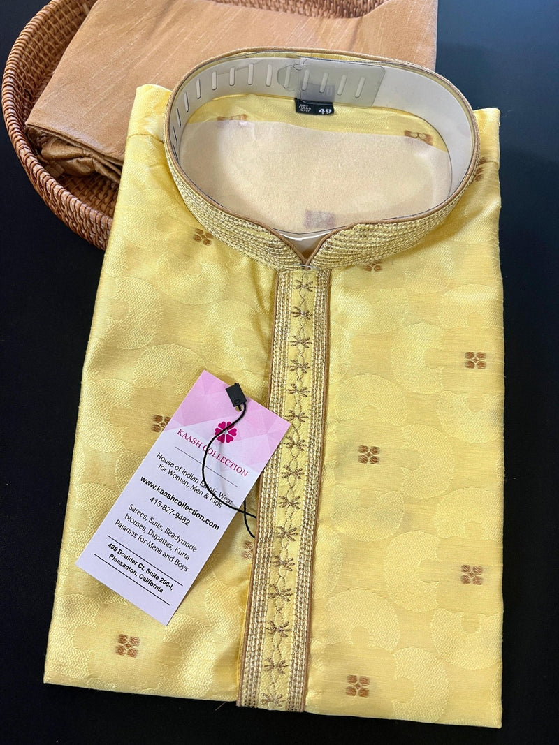 Yellow men's kurta pajama in soft silk with self-design with antique zari buttis — Kaash Collection