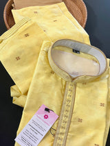Yellow men's kurta pajama in soft silk with self-design with antique zari buttis — Kaash Collection
