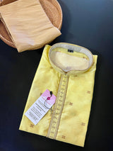 Yellow men's kurta pajama in soft silk with self-design with antique zari buttis — Kaash Collection