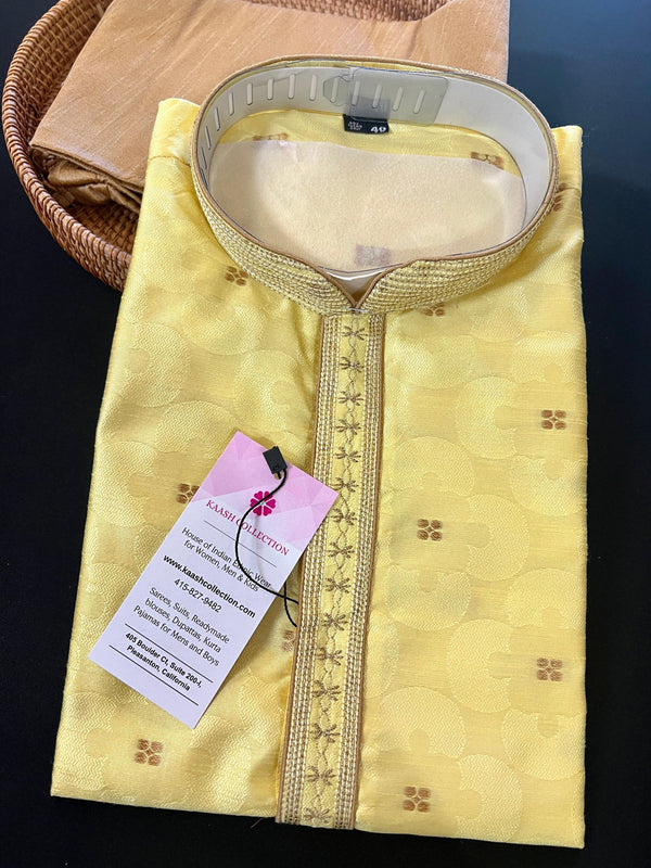 Yellow Color Kurta Pajama Set for Men | Embroidery Work on neckline | Soft Silk Material | Mens Kurta for Haldi - Kaash