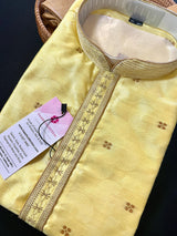 Yellow Color Kurta Pajama Set for Men | Embroidery Work on neckline | Soft Silk Material | Mens Kurta for Haldi - Kaash