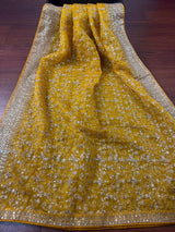 Yellow soft organza silk dupatta with muted gold zari, embroidery & sequin — Kaash Collection