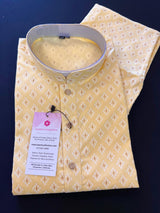 Yellow men's kurta pajama in pure cotton with small self-design buttis on cotton — Kaash Collection